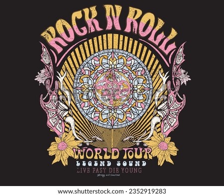 Rock and roll t-shirt print design. Rock and roll rose graphic print design. Wild flower music logo art. Stained glass t shirt print design, Colorful motif graphic illustration. Mandala artwork.