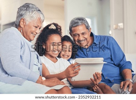 Family. grandparents and children on tablet for selfie, video streaming and e learning, online education or games on sofa. Senior people and kids on digital technology for profile picture photography