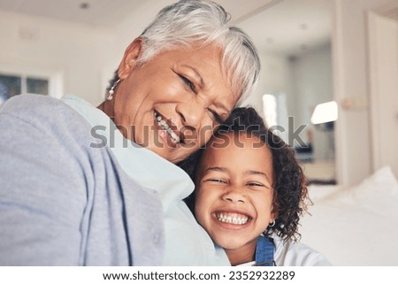 Portrait, child or happy grandma in a selfie with love, care or smile bonding to relax together at home. Face, photo or senior grandmother taking pictures with girl or kid on sofa of family house