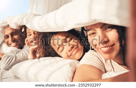 Happy family, bed and selfie in home bedroom while together in morning for portrait. African woman, man and kids lying under blanket for social media, profile picture or relax on influencer holiday
