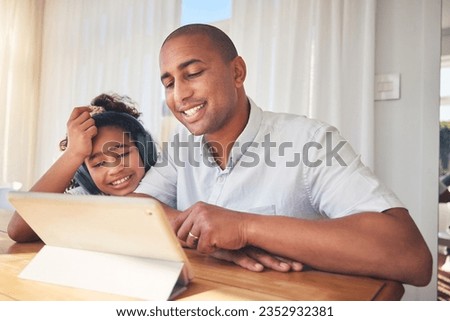 Father, child and tablet with headphones for home education, e learning support and helping in translation. Happy dad, family and kid on digital tech and listening to audio for language and teaching