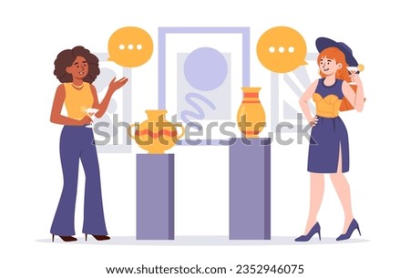 Women in museum concept. Young girls discussing traditional old yellow vases. Exhibition and museum. Cultural rest and leisure. Archeology and history. Cartoon flat vector illustration Royalty-Free Stock Photo #2352946075