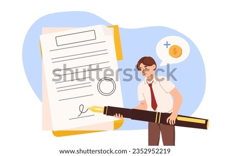 Man with document concept. Young guy with big pencil or pen make signature. Agreement and deal, legal support and contract. Collaboration and cooperation. Cartoon flat vector illustration Royalty-Free Stock Photo #2352952219