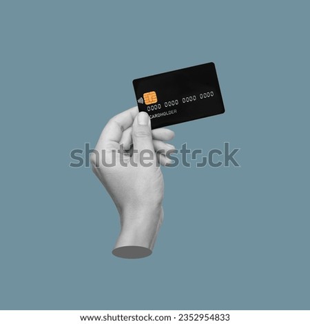 The black bank plastic credit card is in the antique woman's hand isolated on blue color background. 3d trendy creative collage in magazine style. Contemporary art. Modern design. Contactless payment