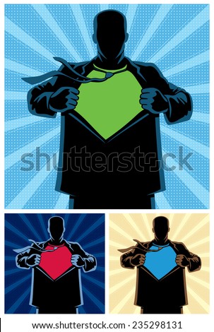 Silhouette of superhero under cover with copy space for your logo on his chest. 3 different color versions. No transparency and gradients used. 