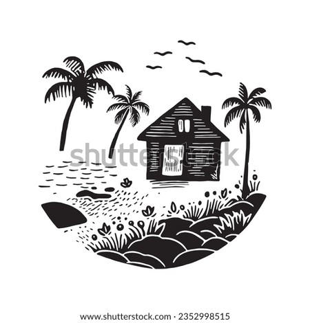 Whimsical beach hut block print illustration for tropical travel concept. Vector coastal house with palm tree stylized for holiday.