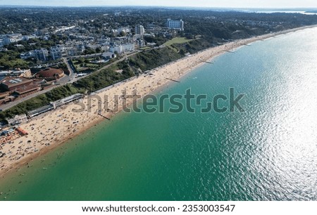 Most Beautiful and Attractive Tourist Destination at Bournemouth City Sandy Beach and Ocean of England Great Britain, Aerial Footage Captured with Drone's Camera on August 23rd, 2023 During sunny Day.