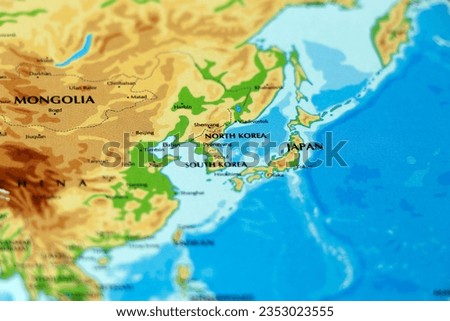 world map or atlas of east asia, korea japan, mongolia, china countries in close up Royalty-Free Stock Photo #2353023555
