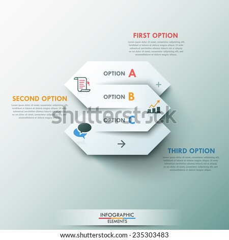 Modern infographics options banner with process template made of white ribbon for 3 options on grey background. Vector. Can be used for web design and  workflow layout