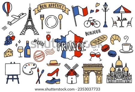 Simple and cute illustration set related to France (tricolor)