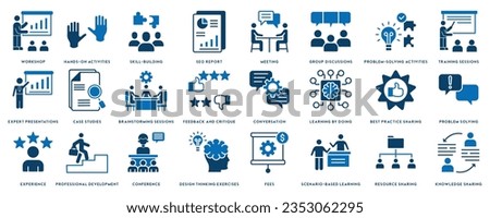 Workshop icon set. Containing team building, collaboration, teamwork, coaching, problem solving and education icons. Royalty-Free Stock Photo #2353062295