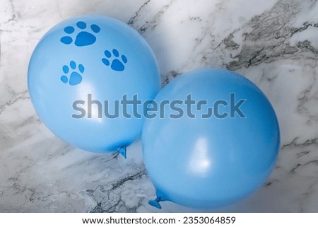 Natural lighted, daytime photoshoot of paw printed balloons against a marble background.