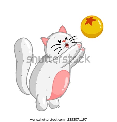 Cute small white kitten or cat playing red star yellow ball 3D illustration cartoon
