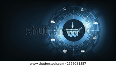Online business and Internet trading concept. A virtual image cart on a dark blue background conveys purchasing products and services via the Internet. Royalty-Free Stock Photo #2353081387