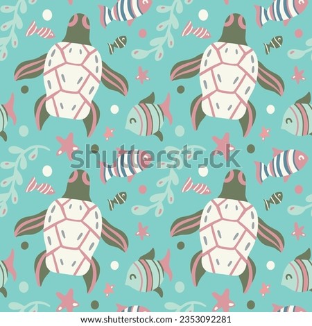 Cute turtle and fish. Seamless vector pattern for kids in flat style. Print with the underwater world, sea and ocean. Background for nursery, wallpaper, fabric, textile. Turquoise, pink, green color
