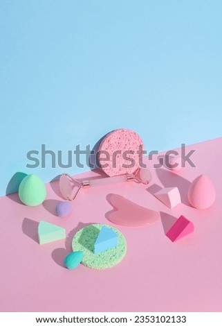 Beauty products on a pink blue background with shadow. Beauty concept. Creative layout, minimalism