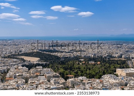 View from Lycabettus Hill viewpoint of the city of Athens Greece and the Mediterranean Sea.
