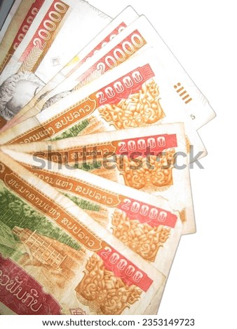 Old Laos money kip banknotes, LAK. on white background and clipping path.