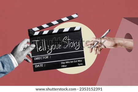 Tell your Story.  text title on film slate or movie Clapper board  for filmmaker and film industry .Abstract art collage.	 Royalty-Free Stock Photo #2353152391