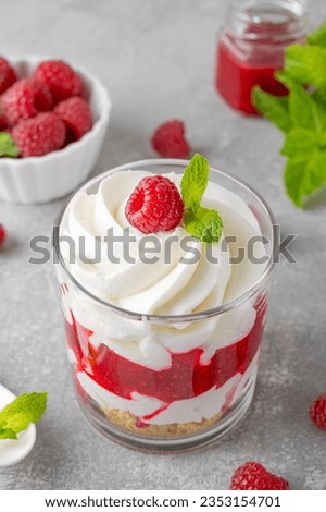 Raspberry trifle with whipped cream, berry sauce, cookie crumbs and mint leaves in a glass on a gray concrete background. Summer diet dessert Royalty-Free Stock Photo #2353154701
