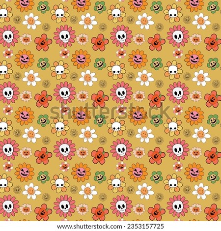 Groovy Hippie Flower Halloween Pattern. Halloween pattern. Scary flower, skull flower, Jack-o'-lantern pumpkin flower. Vector seamless pattern for Halloween