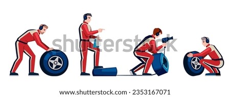 pit stop crew. autocross car repairing, mechanic technicians and engineers workers in racing uniform changing wheels of formula bolide. vector cartoon illustration. Royalty-Free Stock Photo #2353167071