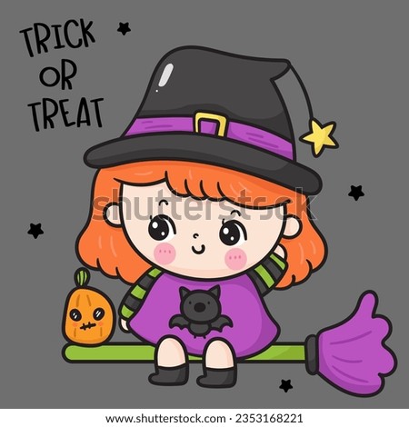 Cute Witch cartoon with jack o lantern pumpkin on broom night. Happy Halloween party children (Kawaii vector). Trick or treat kids. Perfect make a wish for background, card, pattern, nursery wall.