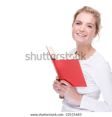 Full isolated portrait of a beautiful  caucasian woman with a red book