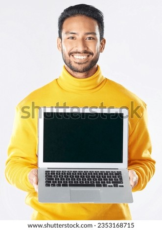 Laptop screen, mockup and smile with portrait of man in studio for social media, communication and ux. Website, research and logo with person on white background for email, online and internet