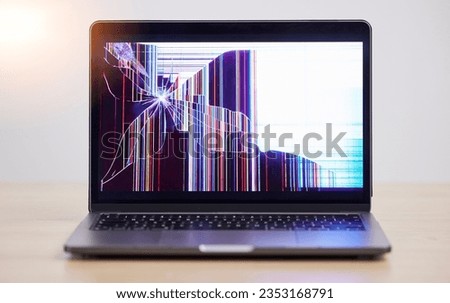 Screen crack, glitch and laptop problem with error, mistake and system warning with tech break. Isolated, computer and desktop failure from monitor damage and software crash with broken display