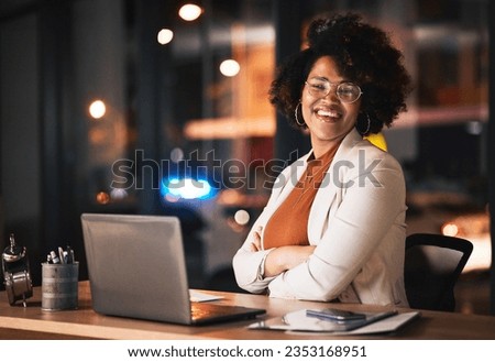 Business woman, portrait and arms crossed on computer for night planning, marketing research and online management. Professional african person or happy editor on laptop with career mindset and bokeh