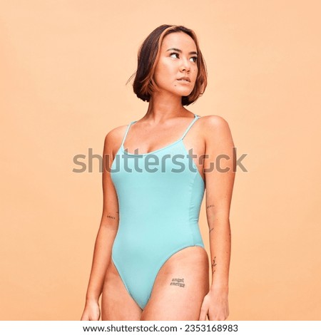 Summer, fashion and healthy with woman and swimsuit in studio for body, tropical and wellness. Beach, vacation and beauty with person on beige background for confident, holiday and self love mockup