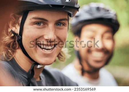 Smile, portrait and a man with a cycling selfie in nature for fitness, travel or adventure memory. Happy, friends and a cyclist taking a photo in a forest for marathon, triathlon or sports training