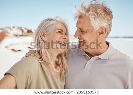 Selfie, love and senior couple at the beach on romantic anniversary vacation, holiday or adventure. Travel, smile and happy elderly man and woman taking picture together by the ocean on weekend trip.