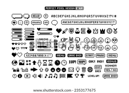 8-bit Game pixel graphics icons Set 3. Perfect pixel icons of game props, download bar, office icons, gestures and cursors. Retro Game loot and awards pixel art. Isolated vector Royalty-Free Stock Photo #2353177675