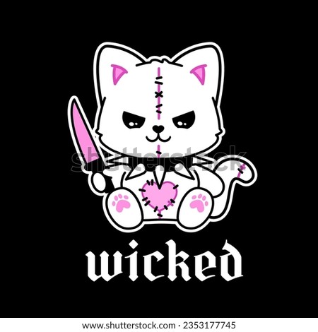 "Wicked"- y2k Teddy Cat toy in 2000s aesthetic gothic punk style. Emo Gothic 00's tattoo sticker, black and pink colors. Cute glam gothic Kitten toy with knife and studded collar for y2k design Royalty-Free Stock Photo #2353177745