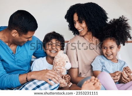 Smile, love and children with their parents on a bed for bonding, connection or playing with toys. Happy, teddy bear and family from Colombia talking and relaxing in the room of their modern house.