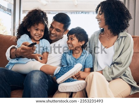 Love, happy family and remote control for television show, cartoon or movie in living room on sofa for kids entertainment. Bond, parents and children on couch watching tv for series and film