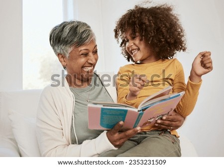 Happy family, grandmother and child reading book, laughing and bond with senior woman, funny story or literature joke. Home education, comedy and grandma storytelling fairytale humour to silly kid