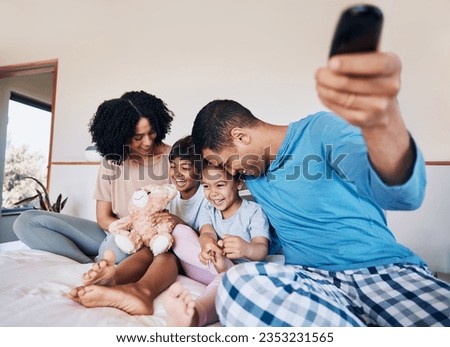 Remote control, happy family and bond in bed with television, weekend and relax in their home. Tv, smile and excited children in a bedroom with mom and dad for cartoon, streaming film, movie or show