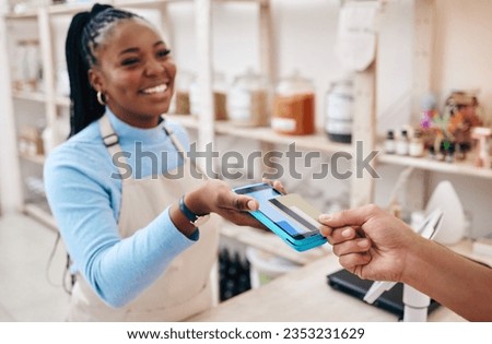 Sustainable shop, cashier and credit card tap with store, woman and electronic transaction with small business. Worker smile, entrepreneur and happy African person with retail employee and shopping