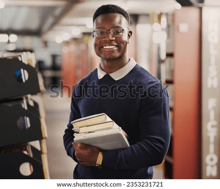 Student, university and portrait of black man in library for learning, education and reading books. Academy, college and happy African person with textbooks for research, school project and studying