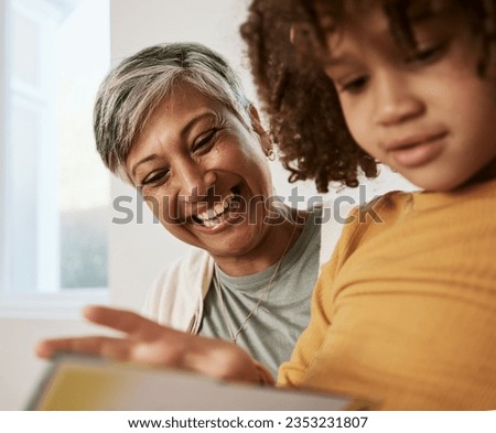 Happy family face, grandmother and child reading book, homework and bonding with babysitting senior woman. Knowledge, happiness and grandma storytelling, care and support youth kid with home learning