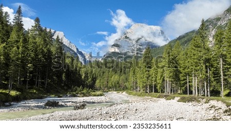 Valley Val Travenanzes and Rio Travenanzes in Tofane gruppe with forest, Alps Dolomites mountains, Fanes national park, Italy Royalty-Free Stock Photo #2353235611