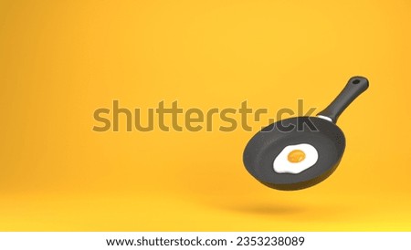 Falling black pan with fried egg on yellow background. 3D rendering. 3D Illustration