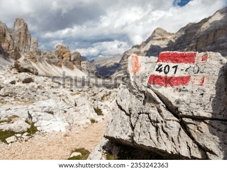 View from forcella Travenanzes, hiking trail number 401 Valley Val Travenanzes and rock face in Tofane gruppe, Alps Dolomites mountains, Fanes national park, Italy Royalty-Free Stock Photo #2353242363