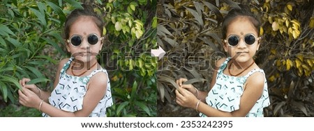 AI photo best example of filter effect.Technology macro pixelated picture of little girl with wearing eyeglass and white dress.A shadow picture of portrait image on side by side view.