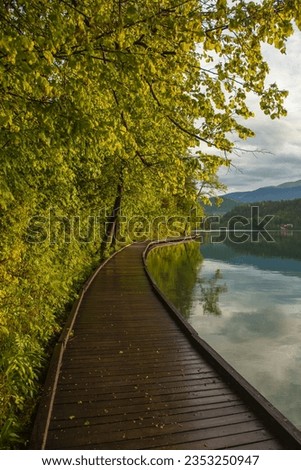 Lake Bled Reflections and Sunset Time in the Julian Alps, Autumn Season European Alps, Bled Radovljica, Slovenia Royalty-Free Stock Photo #2353250947