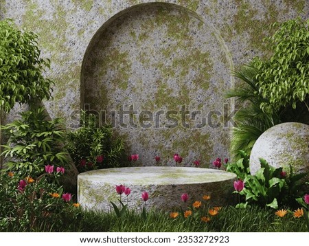 Mossy podium in tropical forest for product presentation and dark room background.3d rendering Royalty-Free Stock Photo #2353272923