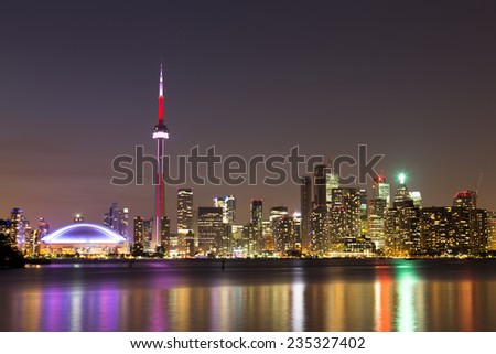 The Toronto skyline at night from Lake Ontario